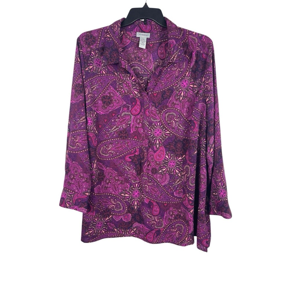 Catherines 2X Purplish Paisley Boho Blouse Plus Size Popover Tunic Top Office